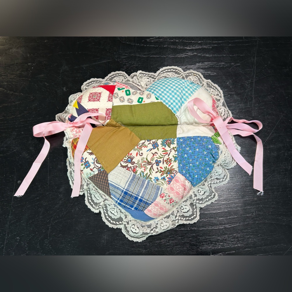Patchwork Heart shaped Pillow with Lace Trim- shabby chic tie bows- cottagecore